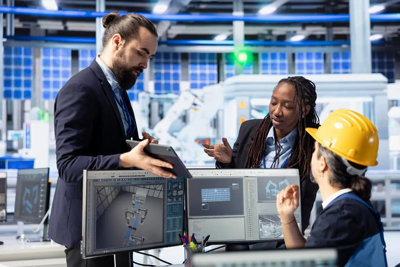 Der Manager eines Solarmodulwerks zeigt den Mitarbeitern auf einem Tablet den Energieverbrauch des Werks.