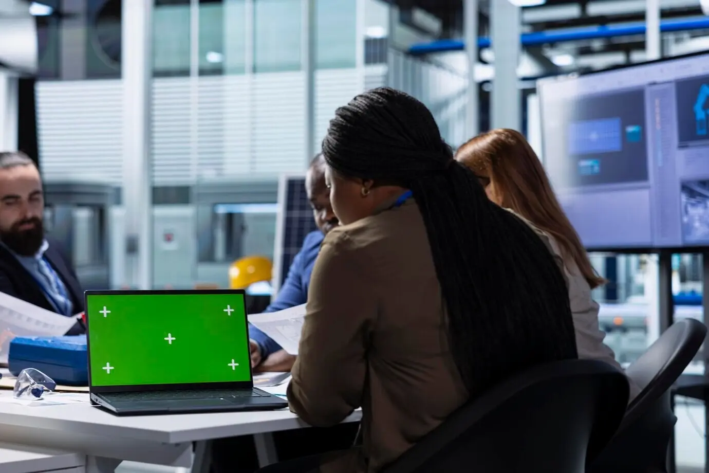 Fabrikexperte recherchiert neue Photovoltaikmaterialien auf einem Mockup-Tablet.