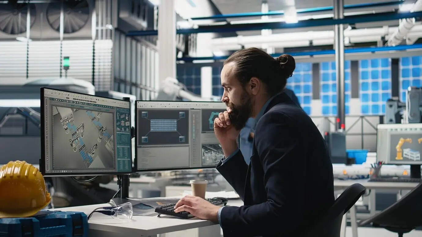 Professioneller Berater überprüft die Qualität des Solarstroms in einer Fabrik.