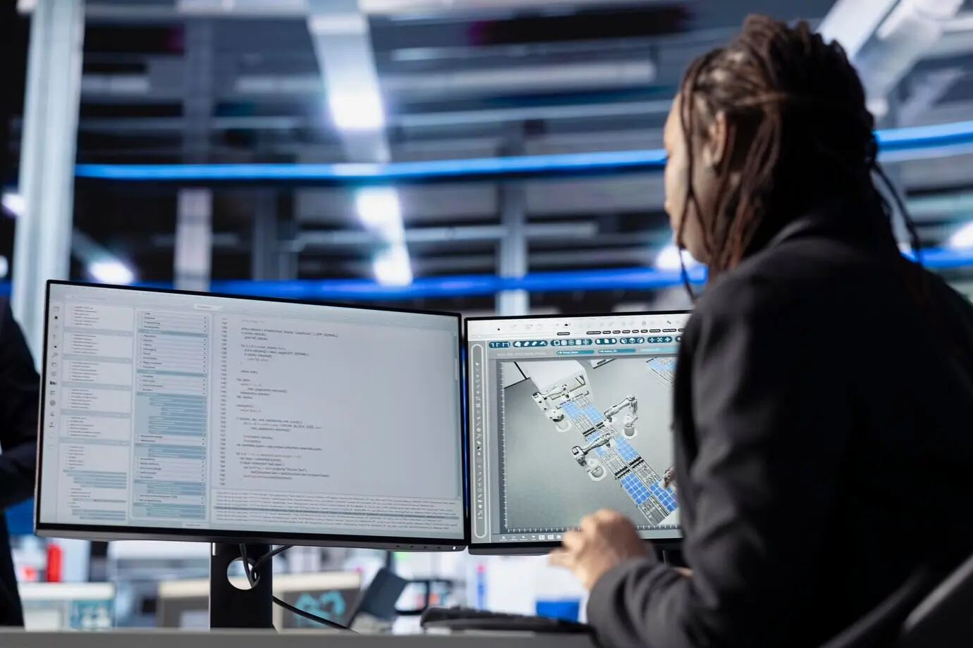 Frau in einer Solaranlage, die Programmcode schreibt, der die Energieproduktion nachverfolgt.